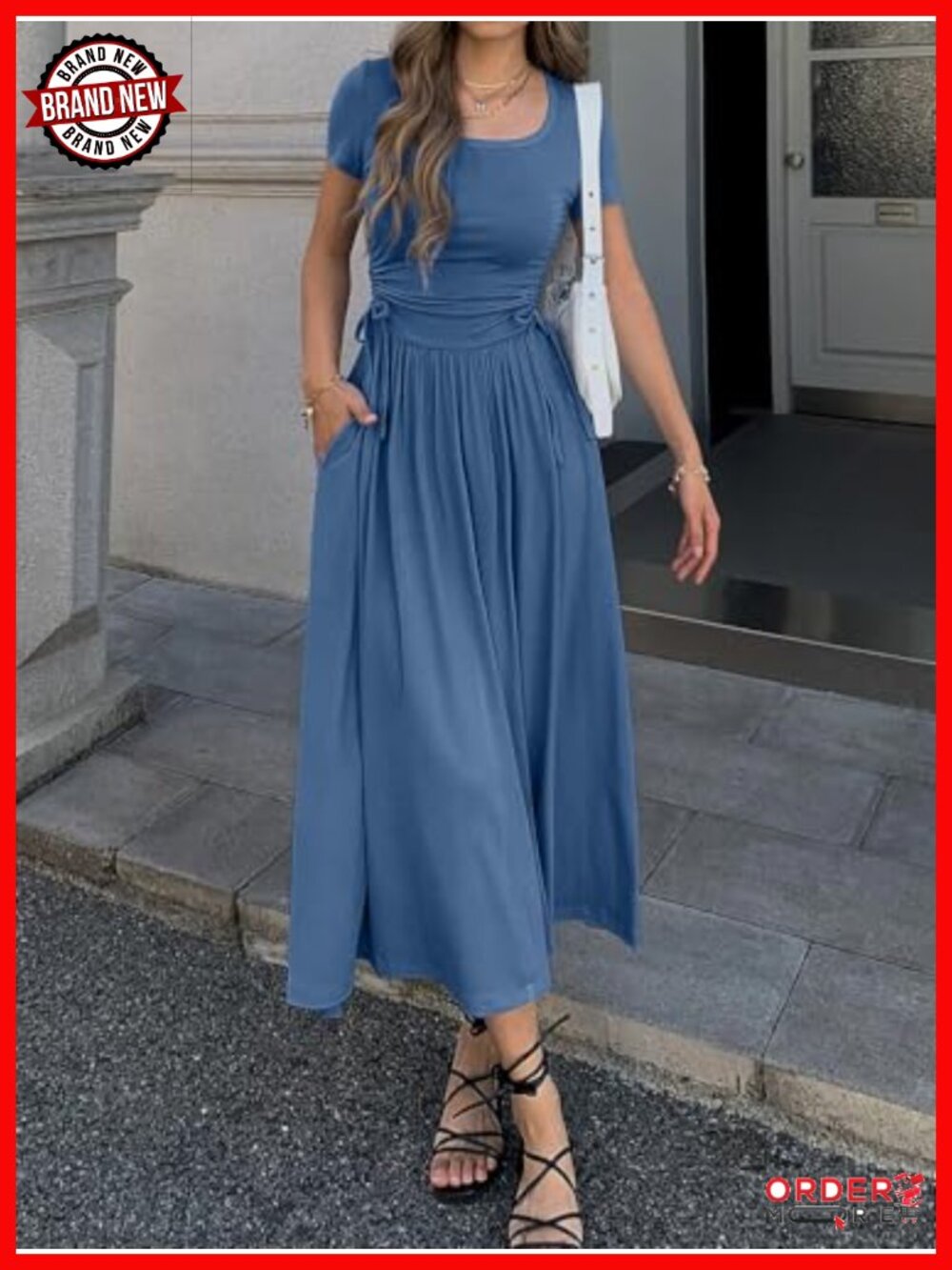 Women's Short Sleeve Maxi Dress Bodycon Adjustable Waist Flowy Hem Pockets - Picture 3 of 5